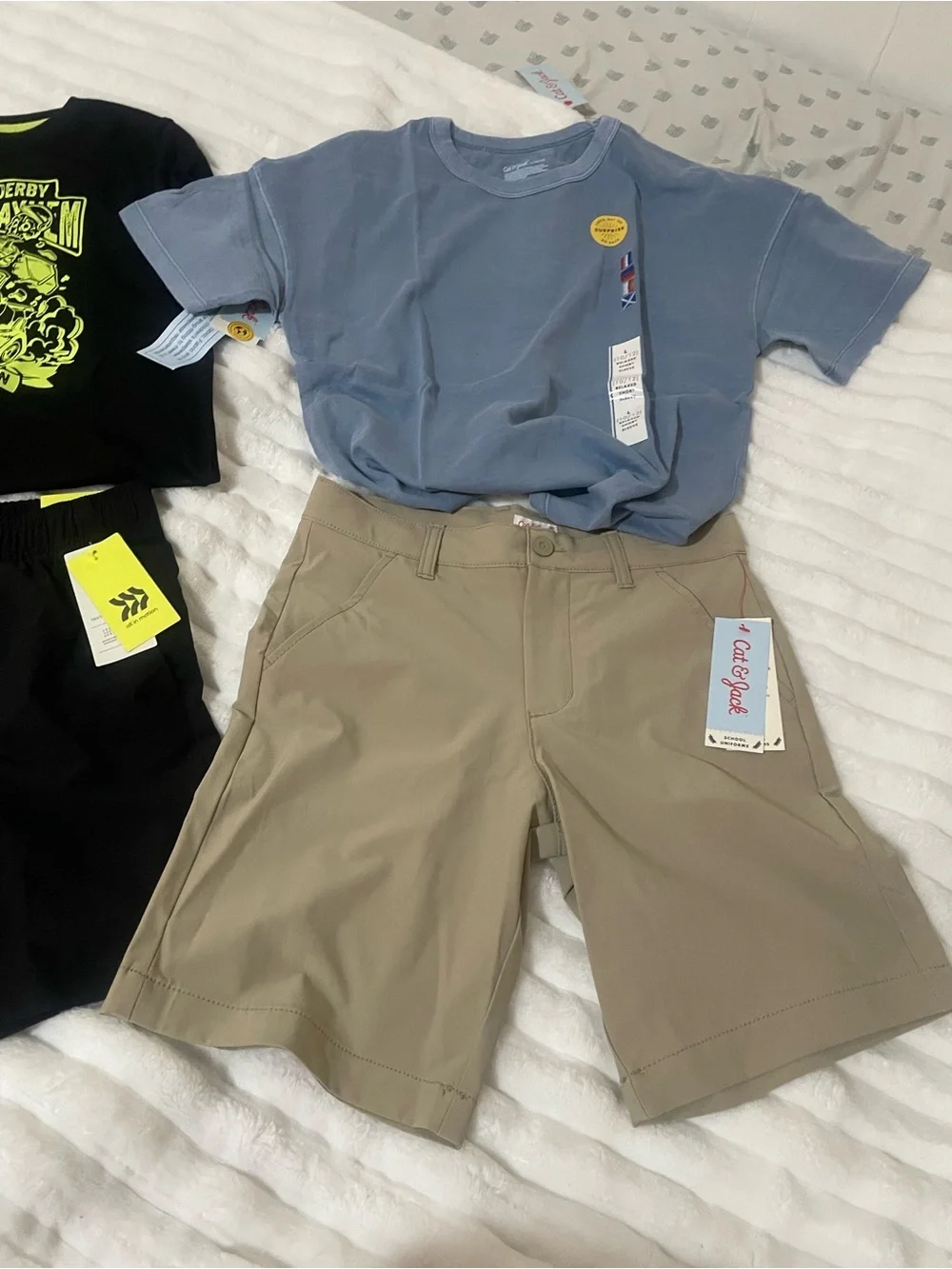 Set of Kids Tops & Shorts - Black Graphic Tee, Blue Tee, Black & Khaki Shorts